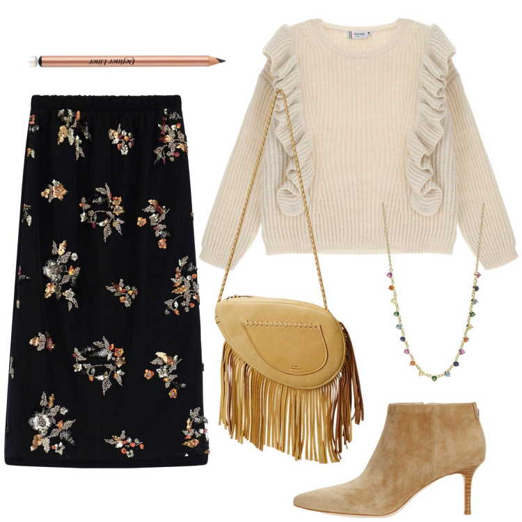 Outfit donna - Fuori, volant e frange. Stile Boho per Ufficio. Abbinamento con eyeliner, pullovers, collane, gonne, stivaletti, borse a tracolla.