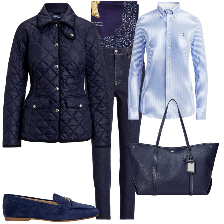 Outfit donna - Total look #1958657. Stile Trendy per Ufficio. Abbinamento con jeans skinny, camicie, borse tote, foulard, mocassini, giacche.
