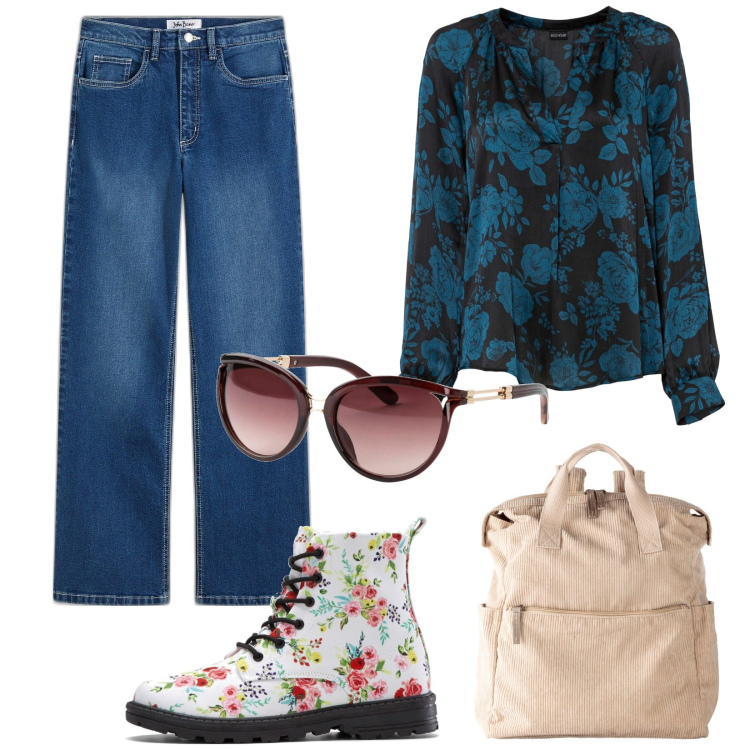 Outfit donna - Bonprix denim. Stile Basic per Ufficio. Abbinamento con jeans, occhiali da sole, tuniche, zaini, stivaletti.