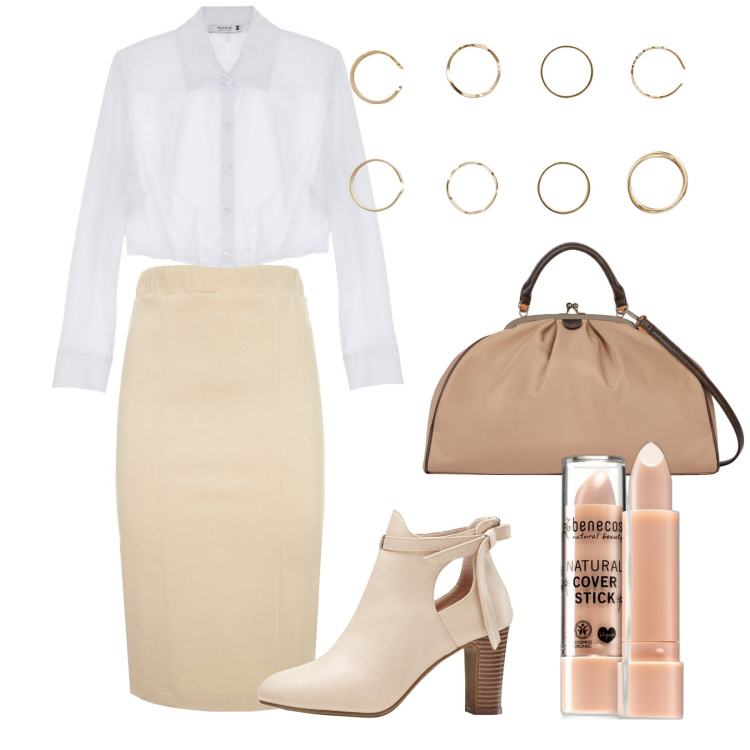 Outfit donna - Lunedì. Stile Chic per Ufficio. Abbinamento con stivaletti, correttori, anelli, camicie, borse a spalla, gonne.