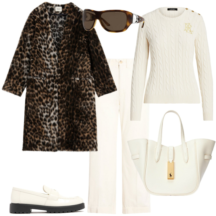 Outfit donna - Total look #1958673. Stile Glamour per Tutti i giorni. Abbinamento con cappotti, maglieria, borse tote, occhiali da sole, pantaloni, mocassini.