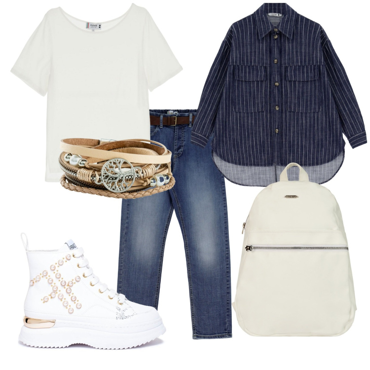 Outfit donna - Non solo scuola. Stile Casual per Scuola/Università. Abbinamento con braccialetti, sneakers, blazer, t-shirt, jeans slim fit, zaini.