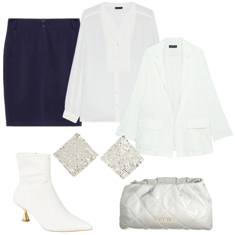 Outfit donna - Gonna per occasione formale. Stile Bon Ton per Serata fuori. Abbinamento con orecchini, stivaletti, bluse, borse a spalla, gonne, blazer.
