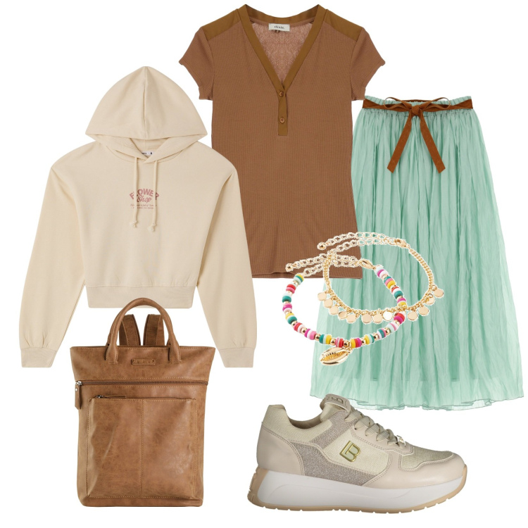 Outfit donna - Zaino per ogni stile. Stile Sporty chic per Tutti i giorni. Abbinamento con zaini, braccialetti con ciondoli, felpe con cappuccio, gonne lunghe, t-shirt, sneakers.