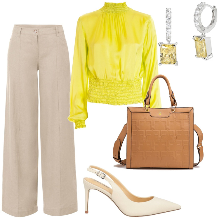 Outfit donna - Blusa gialla. Stile Chic per Ufficio. Abbinamento con pantaloni a palazzo, décolleté, orecchini, bluse, borse tote.