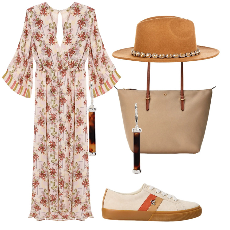 Outfit donna - Stile Boho chic. Stile Boho per Tutti i giorni. Abbinamento con cappelli, vestiti lunghi, sneakers, orecchini, borse tote.