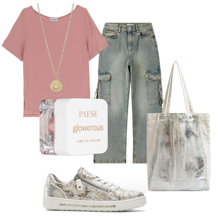 Outfit donna - Total look #1958723. Stile Casual per Tutti i giorni. Abbinamento con sneakers, ombretti, jeans, shopping bag, collane, t-shirt.