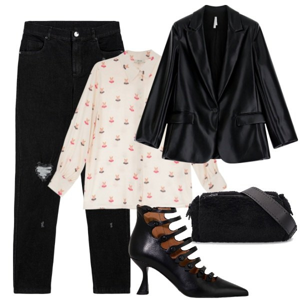 Outfit donna - Il blazer rock. Stile Rock per Serata fuori. Abbinamento con blazer, jeans skinny, camicie, stivaletti, borse a spalla.