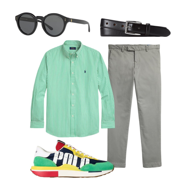 Outfit uomo - Camicia a righine verde menta. Stile Trendy per Ufficio. Abbinamento con occhiali da sole, cinture, camicie, sneakers, pantaloni.