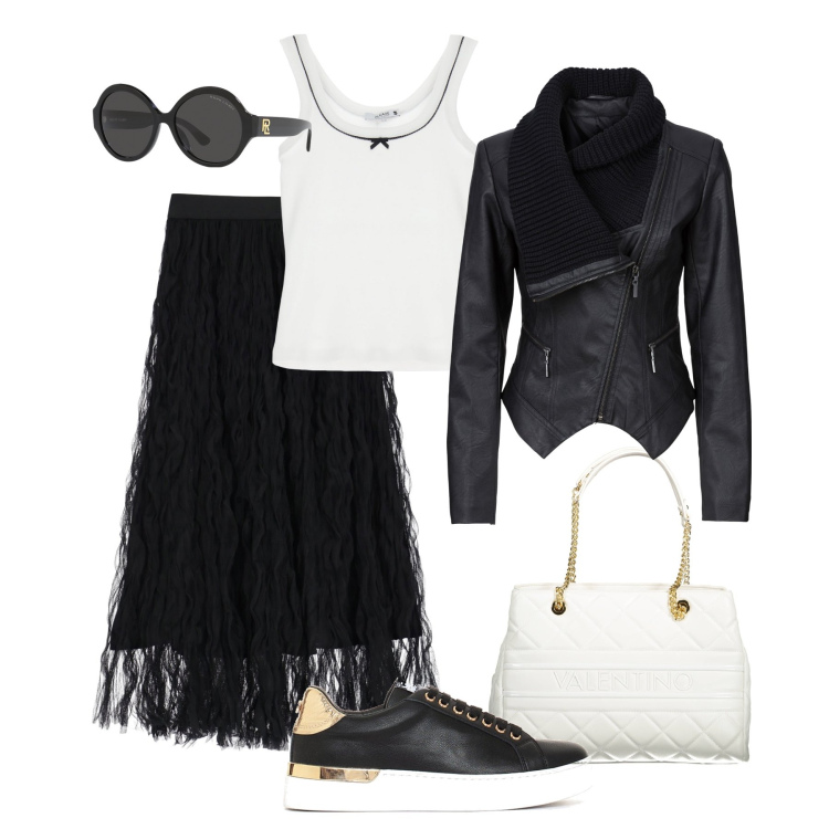 Outfit donna - Città comoda con stile. Stile Casual chic per Tutti i giorni. Abbinamento con blazer, top, sneakers, gonne lunghe, occhiali da sole, borse a spalla.