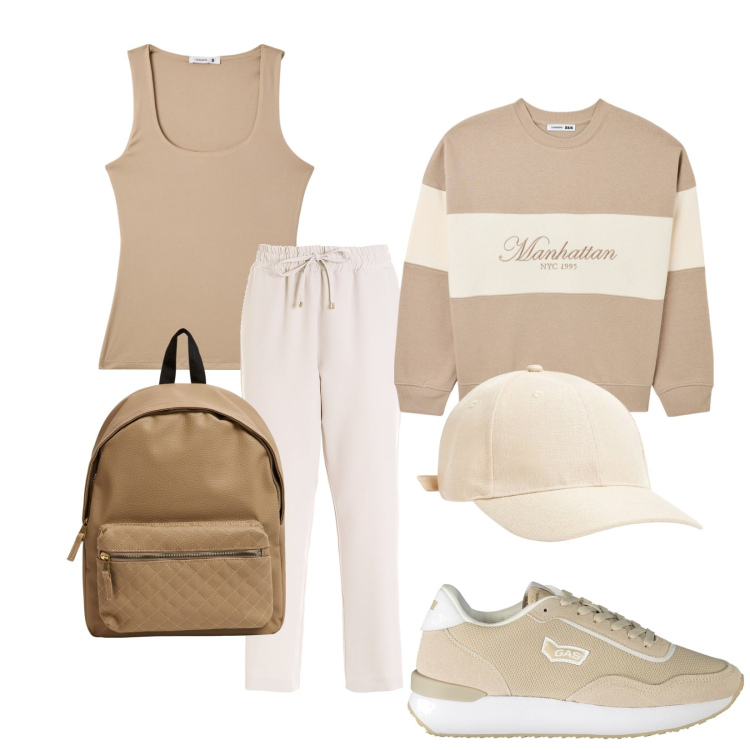 Outfit donna - Sport colore basic. Stile Casual per Sport. Abbinamento con cappelli, felpe, top sportivi, zaini, pantaloni, sneakers.