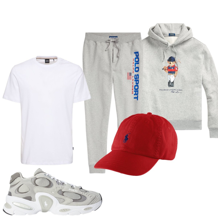 Outfit uomo - Oggi in tuta. Stile Casual per Sport. Abbinamento con cappelli, sneakers, pantaloni, felpe con cappuccio, t-shirt.