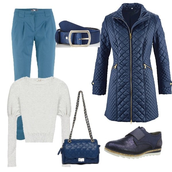 Outfit donna - Sfumature di blu. Stile Trendy per Ufficio. Abbinamento con blazer, pantalone, maglia con cerchi a maniche lunghe grigio, mocassini navy, borsa a tracolla con stampa e zip in pelle sintetica con tasca interna, cintura blu.