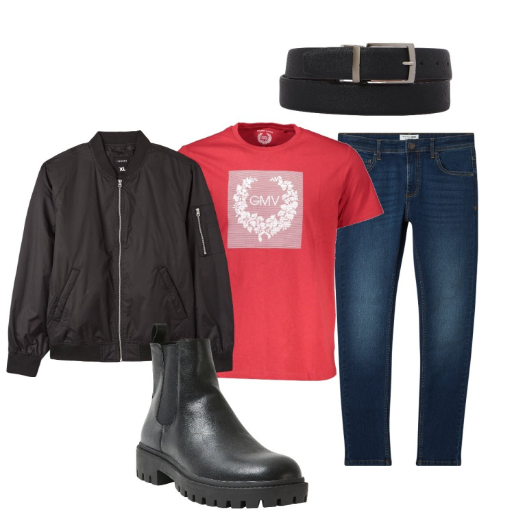 Outfit uomo - Total look #1958834. Stile Urban per Tutti i giorni. Abbinamento con bomber, jeans skinny, stivali e stivaletti, cinture, t-shirt.