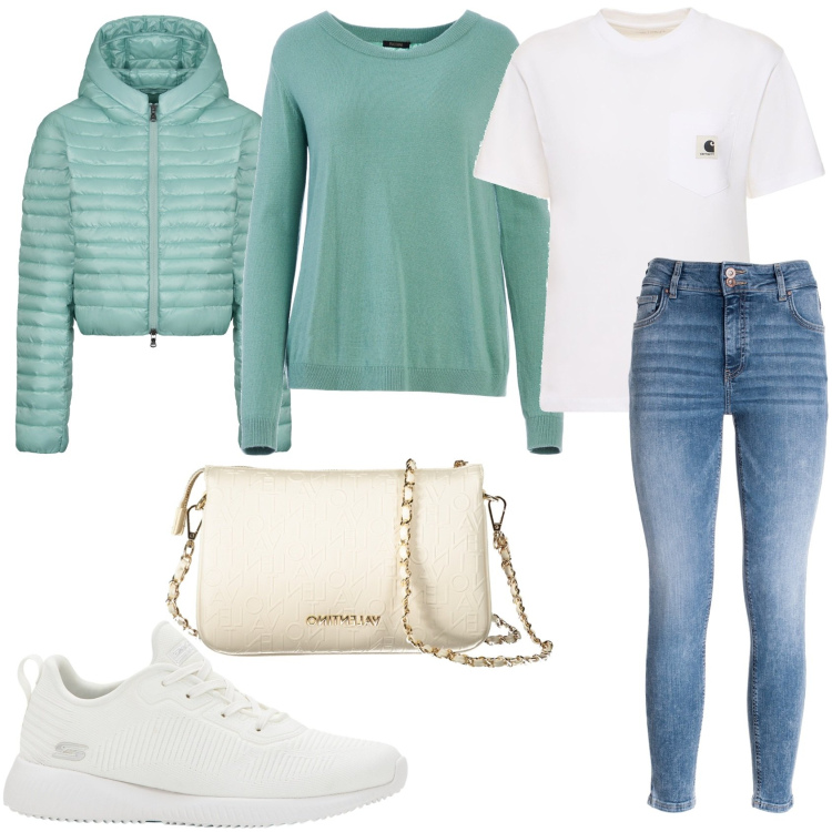 Outfit donna - In città sportiva. Stile Sporty chic per Tutti i giorni. Abbinamento con sneakers, maglieria, jeans skinny, piumini, borse a spalla, t-shirt.
