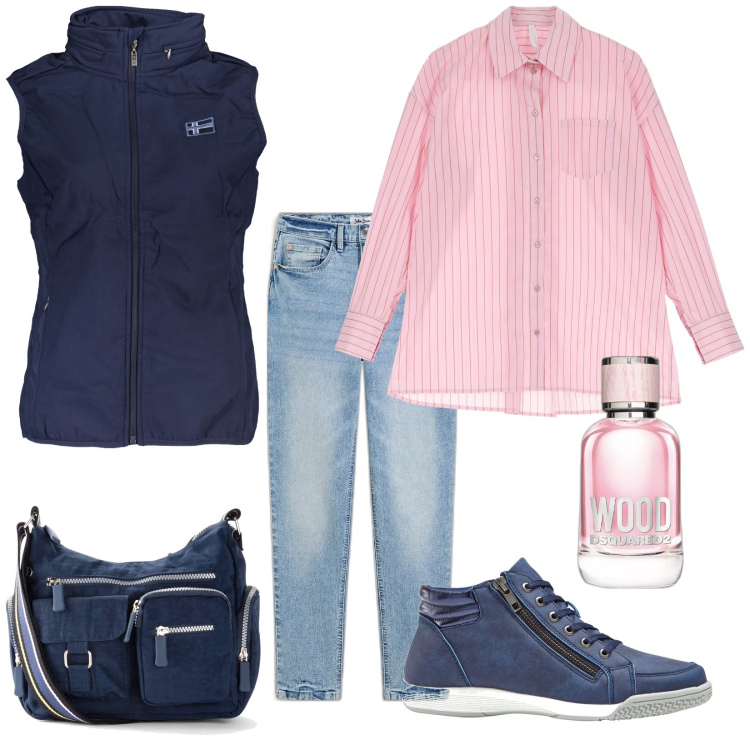 Outfit donna - In scooter. Stile Casual per Tutti i giorni. Abbinamento con sneakers alte, borse a tracolla, jeans mom, profumi, camicie, blazer.