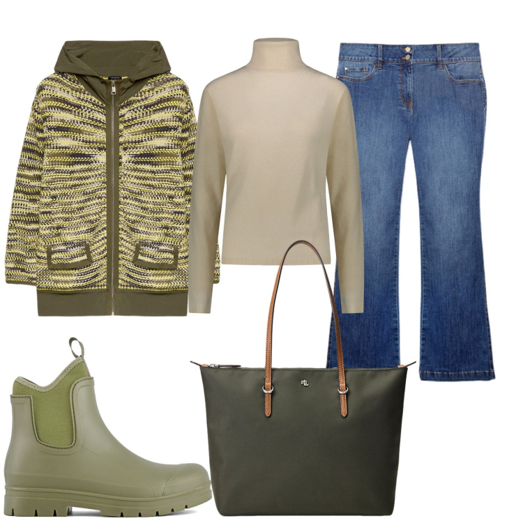 Outfit donna - Fine settimana fuori città. Stile Casual per Tutti i giorni. Abbinamento con borse tote, pullovers, stivali, cardigans, jeans a zampa.