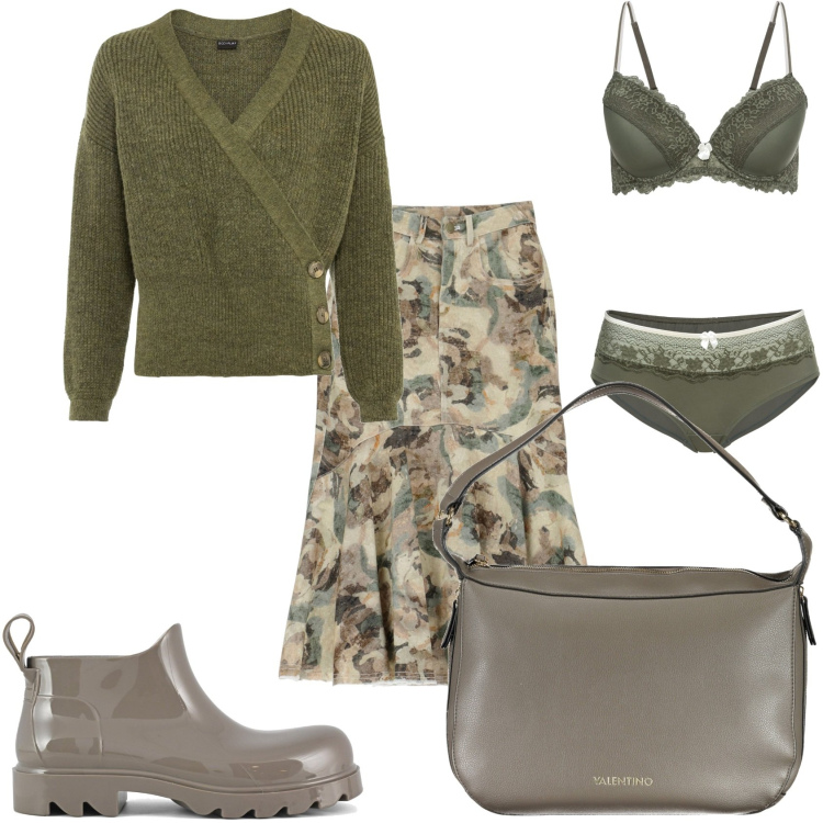 Outfit donna - Giornata di pioggia. Stile Casual chic per Tutti i giorni. Abbinamento con maglieria, reggiseni, gonne longuette, stivali, borse a spalla.