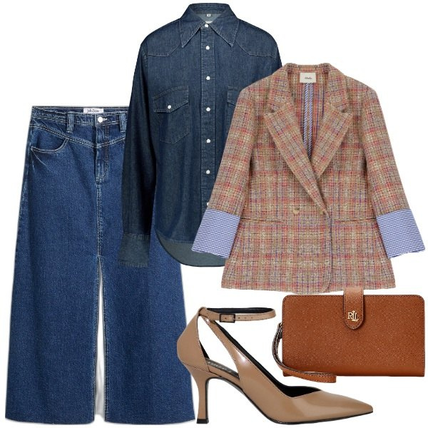 Outfit donna - Perfetta a settembre. Stile Urban per Tutti i giorni. Abbinamento con gonne lunghe, blazer, décolleté, camicie, pochette.