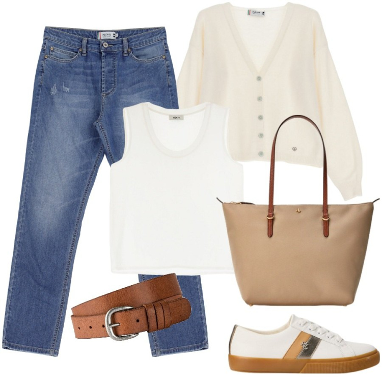Outfit donna - Outfit universitario. Stile Casual per Scuola/Università. Abbinamento con cinture, jeans dritti, cardigans, canottiere, sneakers, borse tote.