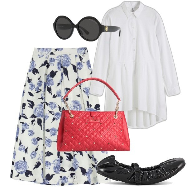 Outfit donna - Perfetta a settembre. Stile Urban per Tutti i giorni. Abbinamento con camicie, borse a mano, gonne longuette, occhiali da sole, ballerine.