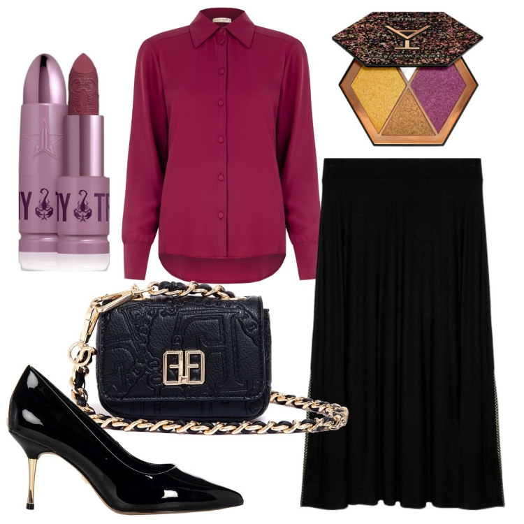 Outfit donna - Formale e chic. Stile Chic per Serata fuori. Abbinamento con ombretti, rossetti, camicie, décolleté, marsupi, gonne lunghe.