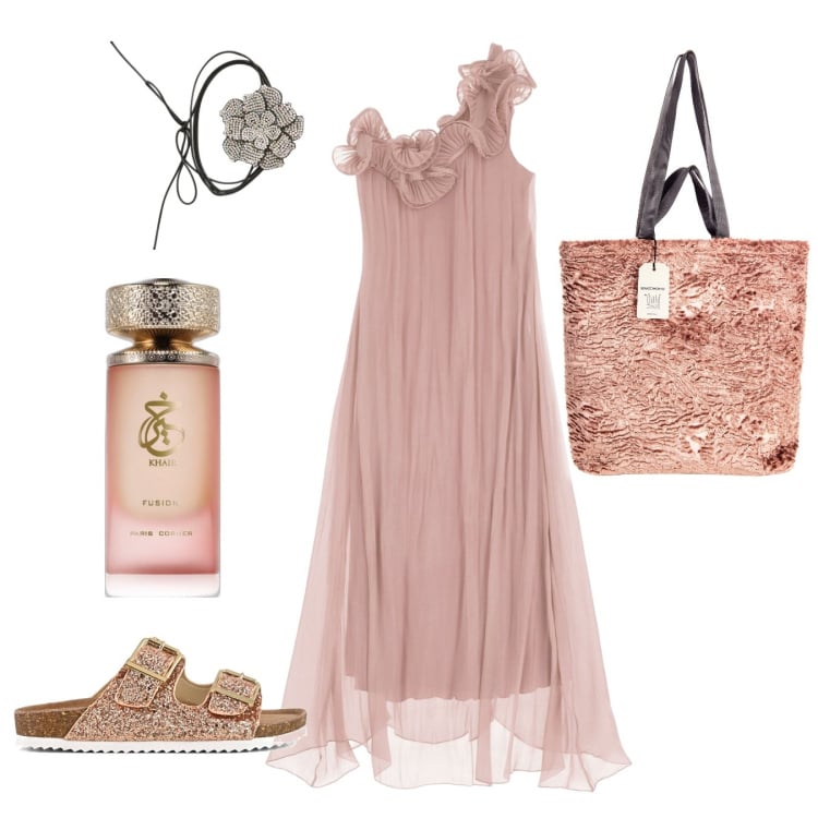 Outfit donna - Eterea. Stile Boho per Serata fuori. Abbinamento con profumi, collane, borse tote, vestiti lunghi, sandali.