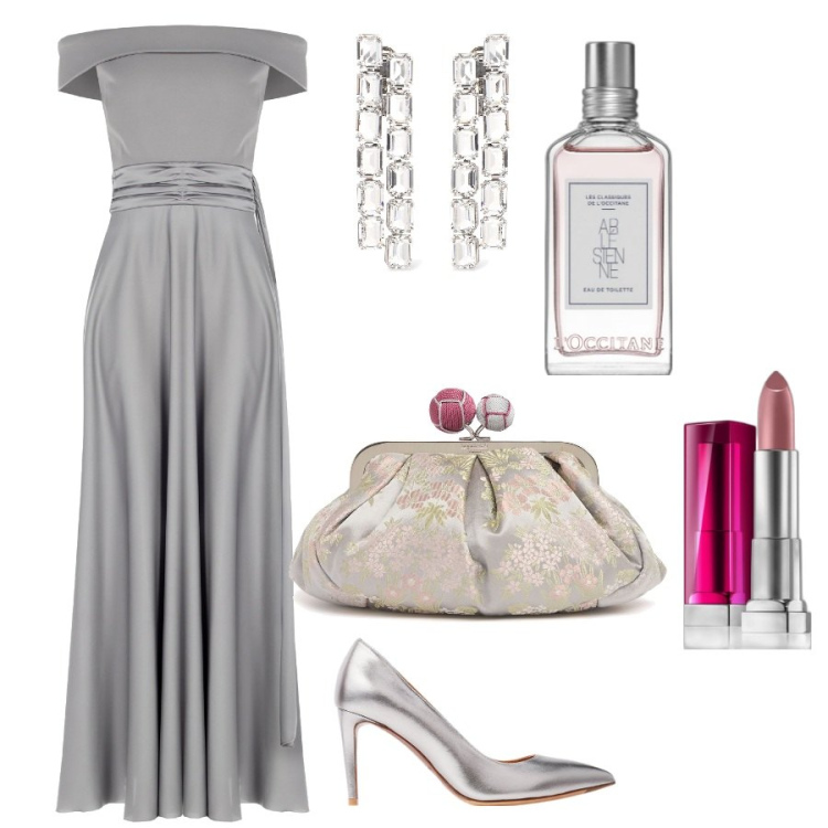 Outfit donna - 50\'s birthday. Stile Chic per Serata fuori. Abbinamento con rossetti, profumi, vestiti lunghi, décolleté, pochette, orecchini.