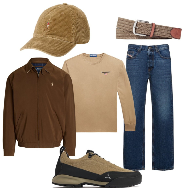 Outfit uomo - Total look #1958943. Stile Trendy per Tutti i giorni. Abbinamento con cinture, cappelli, giacche, t-shirt, jeans dritti, sneakers.