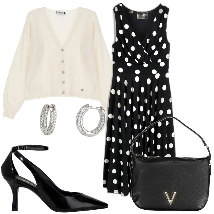 Outfit donna - Invitata. Stile Casual chic per Tutti i giorni. Abbinamento con vestiti, orecchini, cardigans, décolleté, borse a spalla.