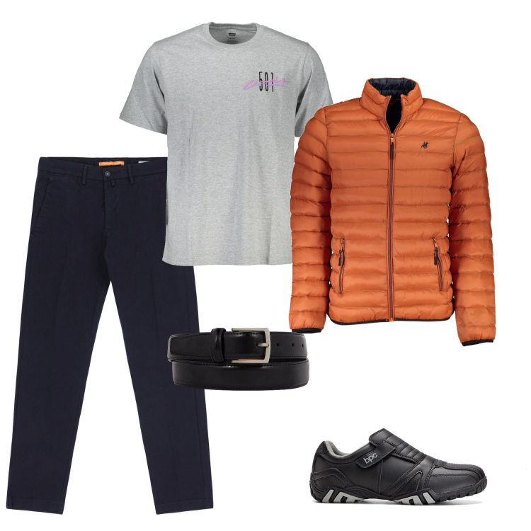 Outfit uomo - Un piumino colorato. Stile Urban per Tutti i giorni. Abbinamento con scarpe stringate, pantaloni, giacche, t-shirt, cinture.