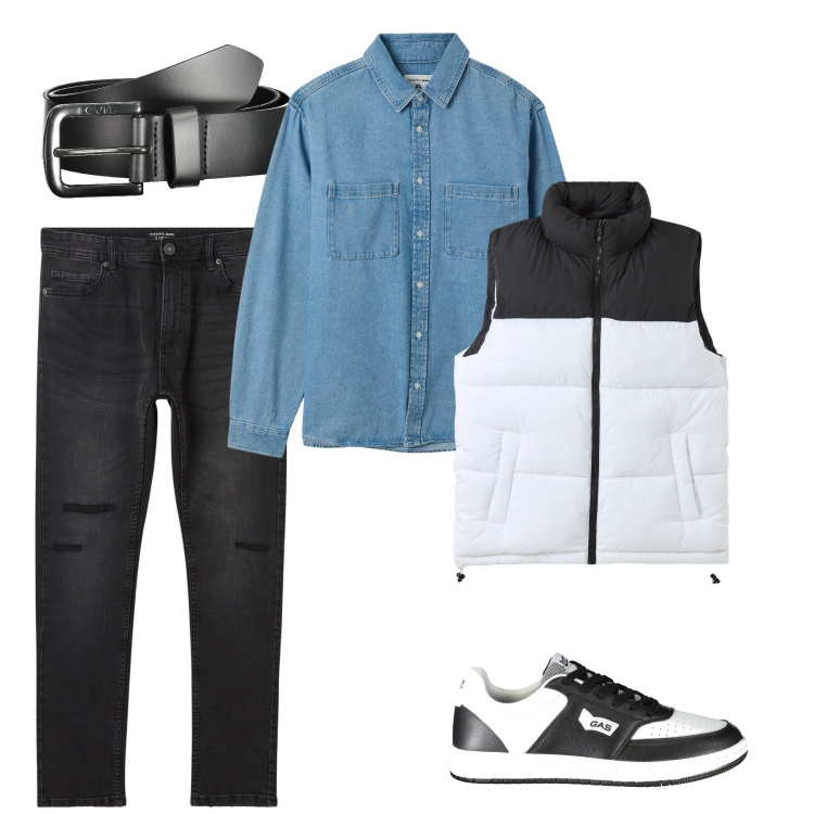 Outfit uomo - Piumino smanicato bicolore. Stile Urban per Tutti i giorni. Abbinamento con jeans strappati, camicie, piumini, sneakers, cinture.