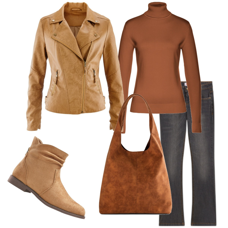 Outfit donna - Marrone per l’autunno. Stile Casual per Tutti i giorni. Abbinamento con jeans bootcut, blazer, shopping bag, maglieria, stivaletti.