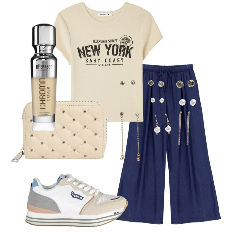 Outfit donna - Total look #1958988. Stile Urban per Tutti i giorni. Abbinamento con fondotinta, t-shirt, portafogli, orecchini, jeans, scarpe sportive.