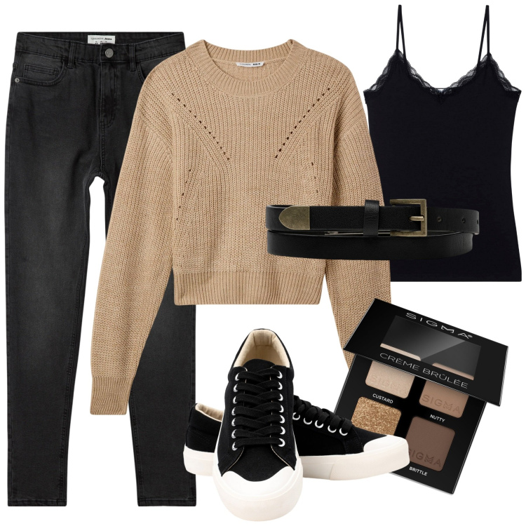 Outfit donna - Total look #1958992. Stile Sporty chic per Tutti i giorni. Abbinamento con ombretti, jeans skinny, maglieria, canottiere, sneakers, cinture.