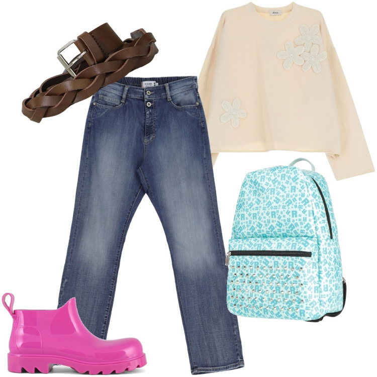 Outfit donna - Stivaletti fucsia. Stile Trendy per Scuola/Università. Abbinamento con zaini, jeans dritti, cinture, felpe, stivali.