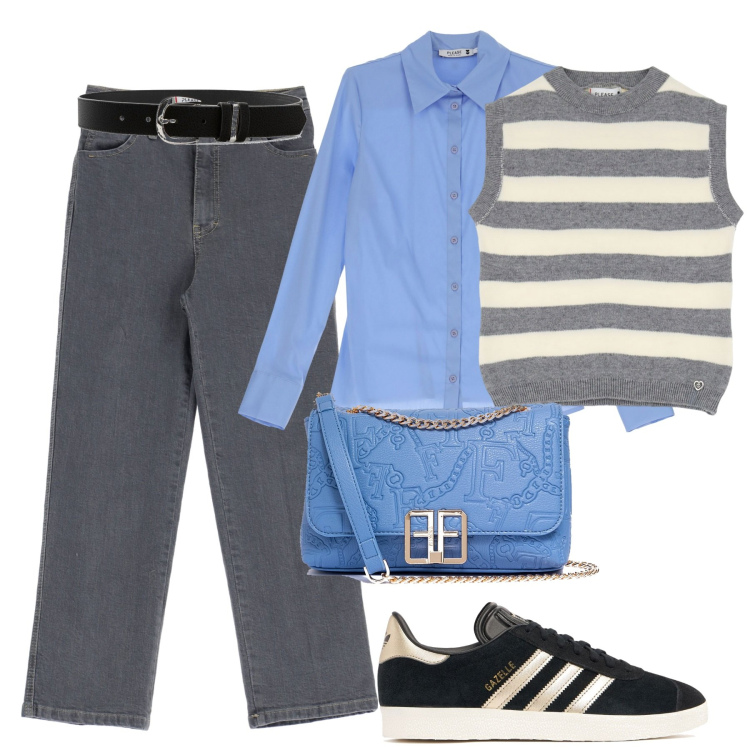 Outfit donna - City. Stile Casual chic per Tutti i giorni. Abbinamento con cinture, borse a tracolla, jeans dritti, maglieria, camicie, sneakers.