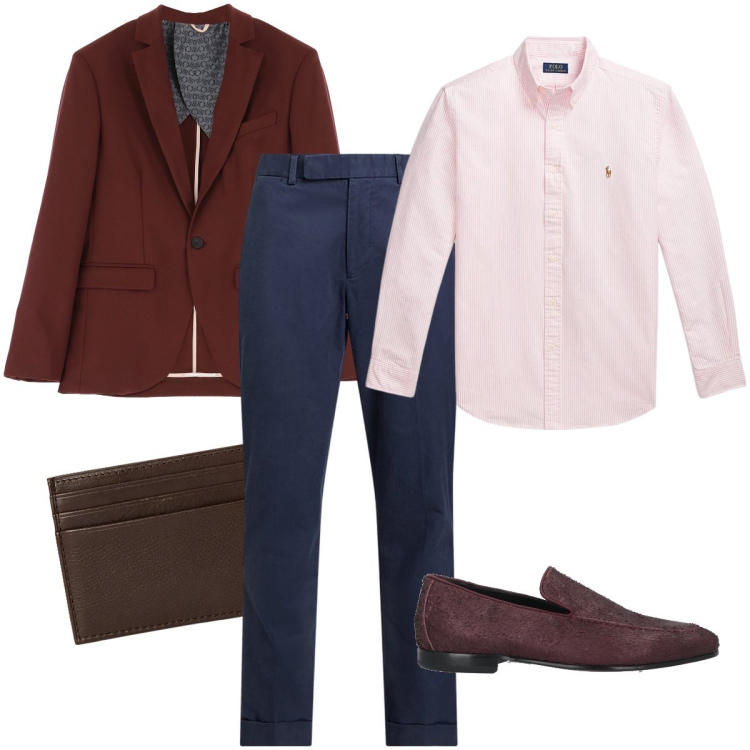 Outfit uomo - I mocassini bordeaux. Stile Business/Elegante per Serata speciale. Abbinamento con scarpe stringate, giacche, portafogli, pantaloni chino, camicie.