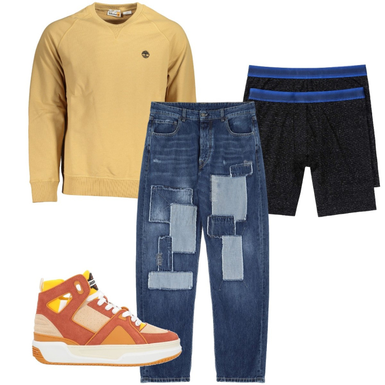 Outfit uomo - I jeans con le toppe. Stile Urban per Tutti i giorni. Abbinamento con boxer, sneakers alte, jeans, felpe.