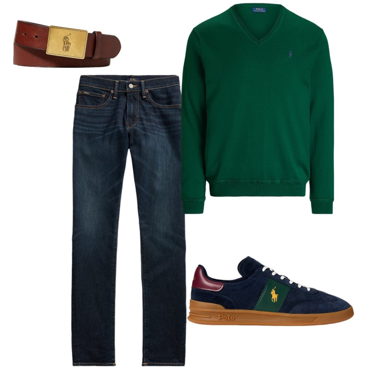 Outfit uomo - La maglia con scollo a V. Stile Urban per Serata speciale. Abbinamento con sneakers, maglieria, cinture, jeans skinny.