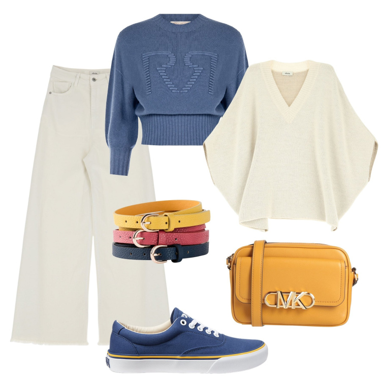 Outfit donna - Tris di cinture: gioco di abbinamento!. Stile Trendy per Tutti i giorni. Abbinamento con cinture, borse a tracolla, maglieria, cappotti, jeans, sneakers.