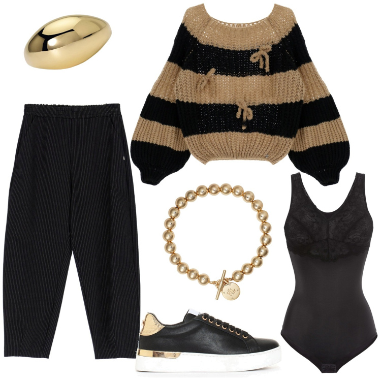 Outfit donna - Morbidezza. Stile Casual per Tutti i giorni. Abbinamento con body, anelli, sneakers, maglieria, pantaloni, braccialetti.