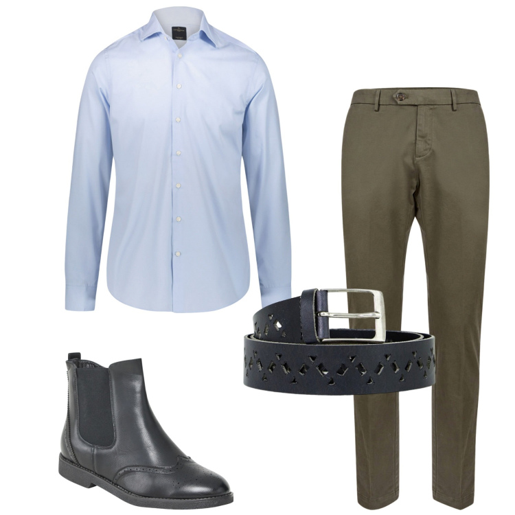 Outfit uomo - In ufficio. Stile Urban per Ufficio. Abbinamento con stivali e stivaletti, cinture, pantaloni chino, camicie.