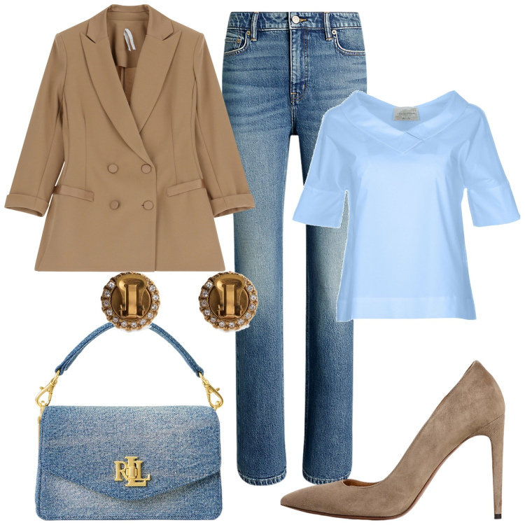 Outfit donna - Settembre 2024. Stile Boho per Ufficio. Abbinamento con blazer, jeans bootcut, décolleté, borse a tracolla, bluse, orecchini.