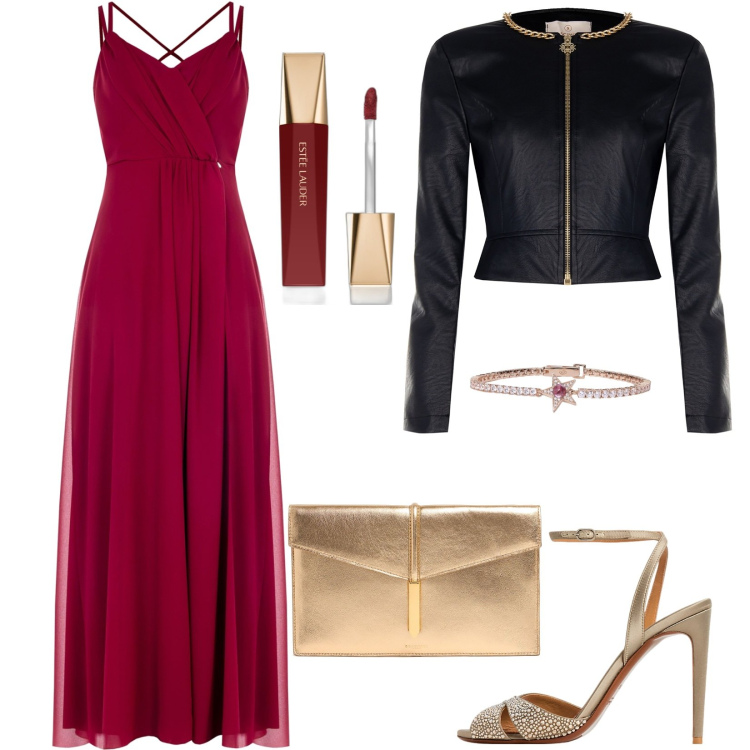 Outfit donna - Bordeaux di sera. Stile Chic per Cerimonia. Abbinamento con rossetti, braccialetti, vestiti lunghi, blazer, sandali col tacco, clutch.