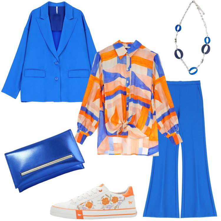 Outfit donna - Pantaloni a zampa e sneakers. Stile Sporty chic per Serata fuori. Abbinamento con sneakers, pantaloni, blazer, pochette, camicie, ciondoli.