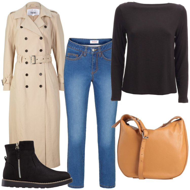 Outfit donna - Total look #1959104. Stile Basic per Tutti i giorni. Abbinamento con stivaletti, trench, jeans skinny, borse a tracolla, maglieria.