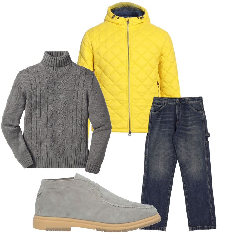 Outfit uomo - Il piumino giallo per i giorni freddi. Stile Urban per Tutti i giorni. Abbinamento con maglieria, piumini, stivali e stivaletti, jeans.