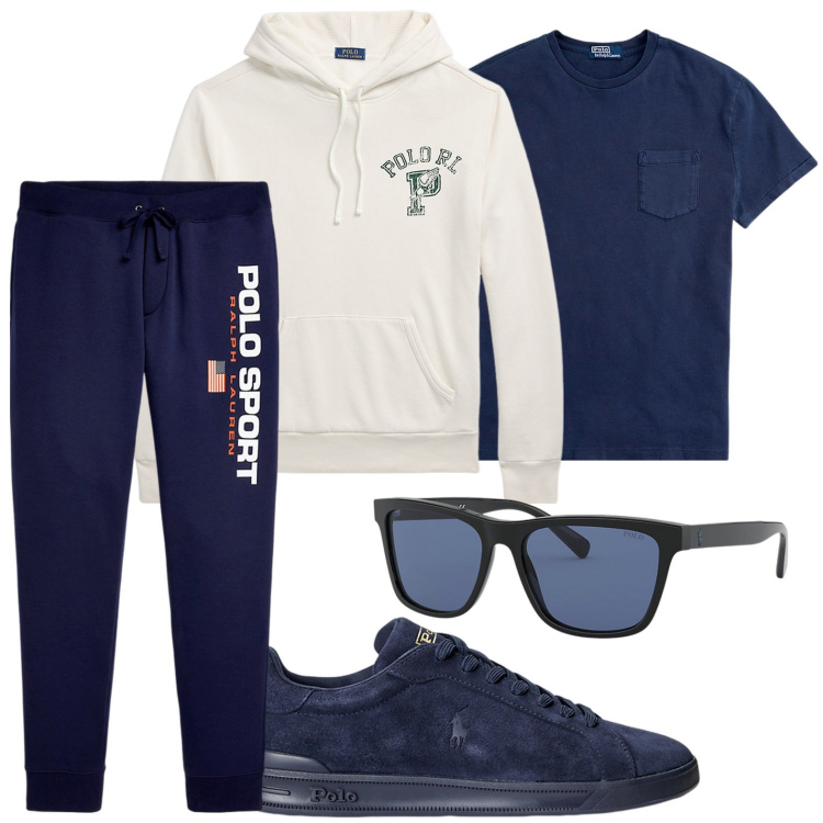 Outfit uomo - Tempo di fitness. Stile Urban per Sport. Abbinamento con sneakers, occhiali da sole, pantaloni, t-shirt, felpe con cappuccio.