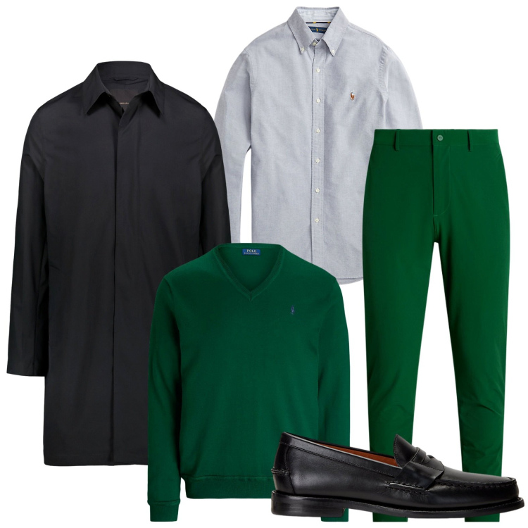 Outfit uomo - Trench nero per giornate piovose. Stile Urban per Ufficio. Abbinamento con camicie, scarpe stringate, pantaloni, maglieria, giacche.